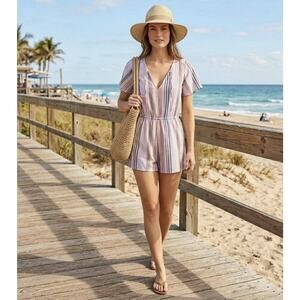 Trixxi Romper Striped Flutter Sleeve Boho Tie Back Small Multicolor Farmhouse